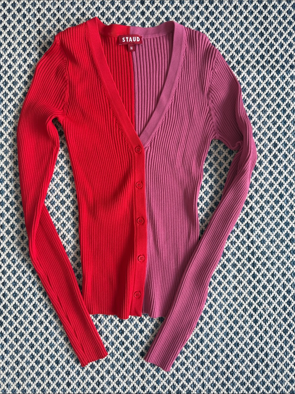 STAUD Two-Tone Red & Mauve Ribbed Button-Front Cardigan